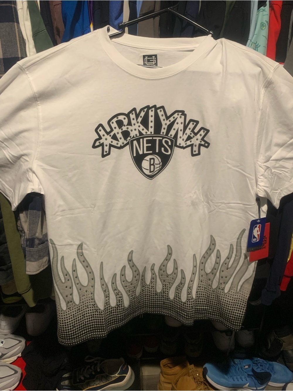 Brooklyn Nets Graphic Tee - White with Black Flames and Charms
